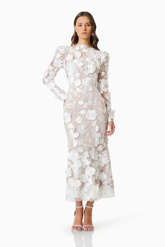 Shannon 3D Floral Midi Dress In White