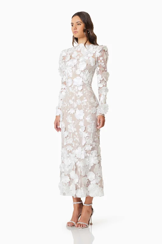 Shannon 3D Floral Midi Dress In White