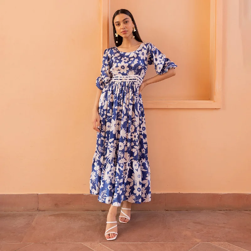 Gaji Silk Maxi Dress for Women | Floral Print | Blue