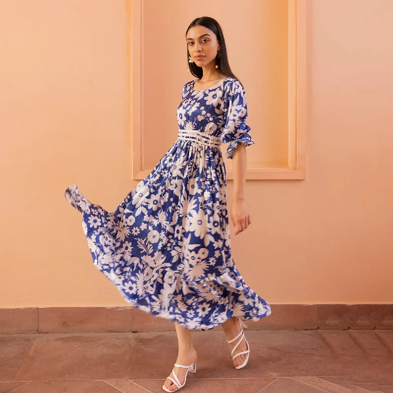 Gaji Silk Maxi Dress for Women | Floral Print | Blue