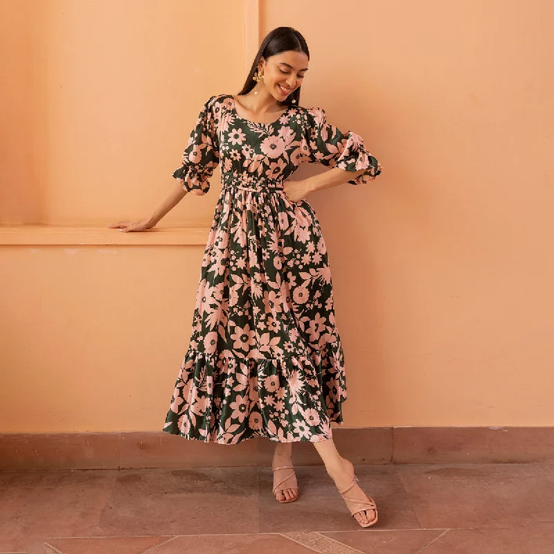 Gaji Silk Maxi Dress for Women | Floral Print | Green & Pink