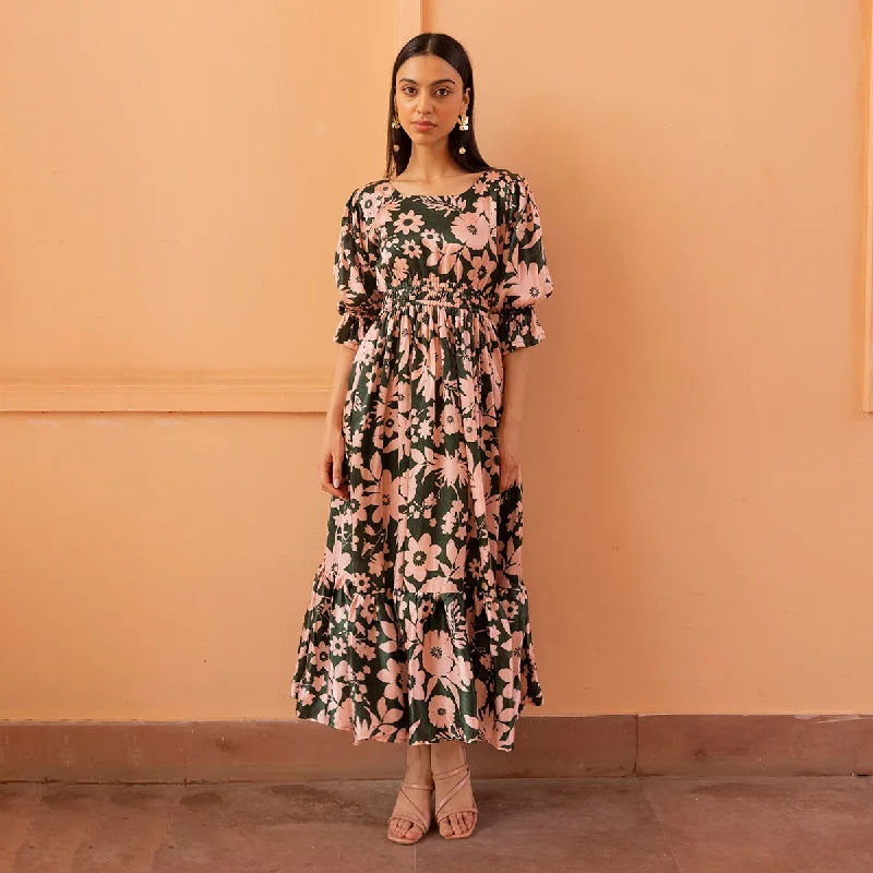 Gaji Silk Maxi Dress for Women | Floral Print | Green & Pink