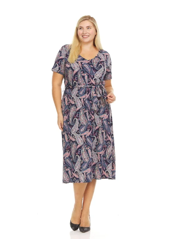 Short Sleeve Allover Printed V-Neck Midi Dress With Self Tie Belt - Plus