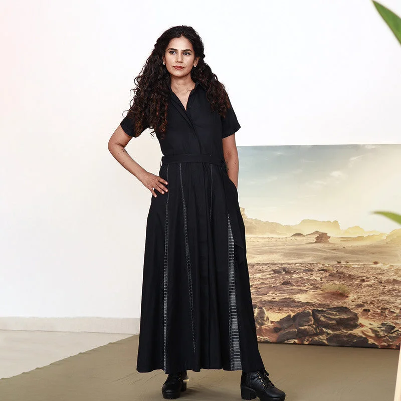 Pure Cotton Maxi Dress | Shirt Dress | Flared Hem-Line | Black