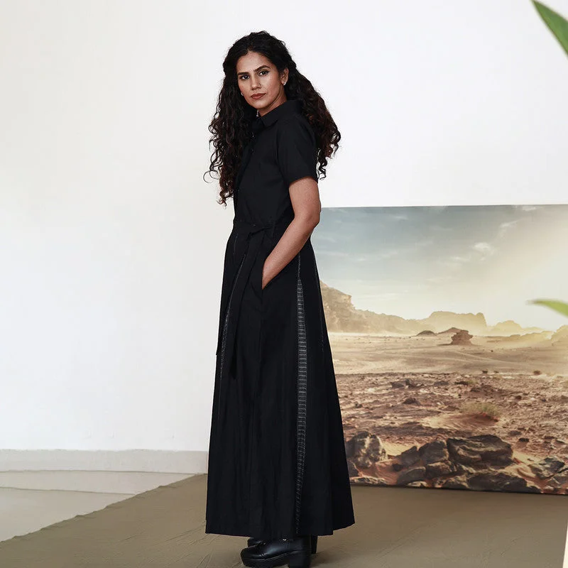 Pure Cotton Maxi Dress | Shirt Dress | Flared Hem-Line | Black