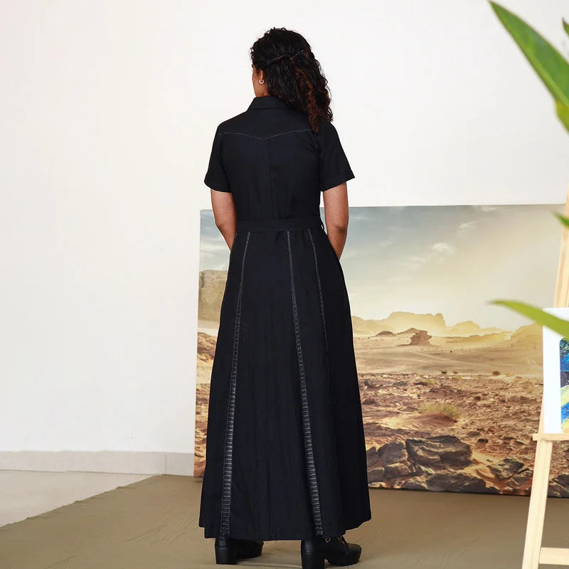 Pure Cotton Maxi Dress | Shirt Dress | Flared Hem-Line | Black