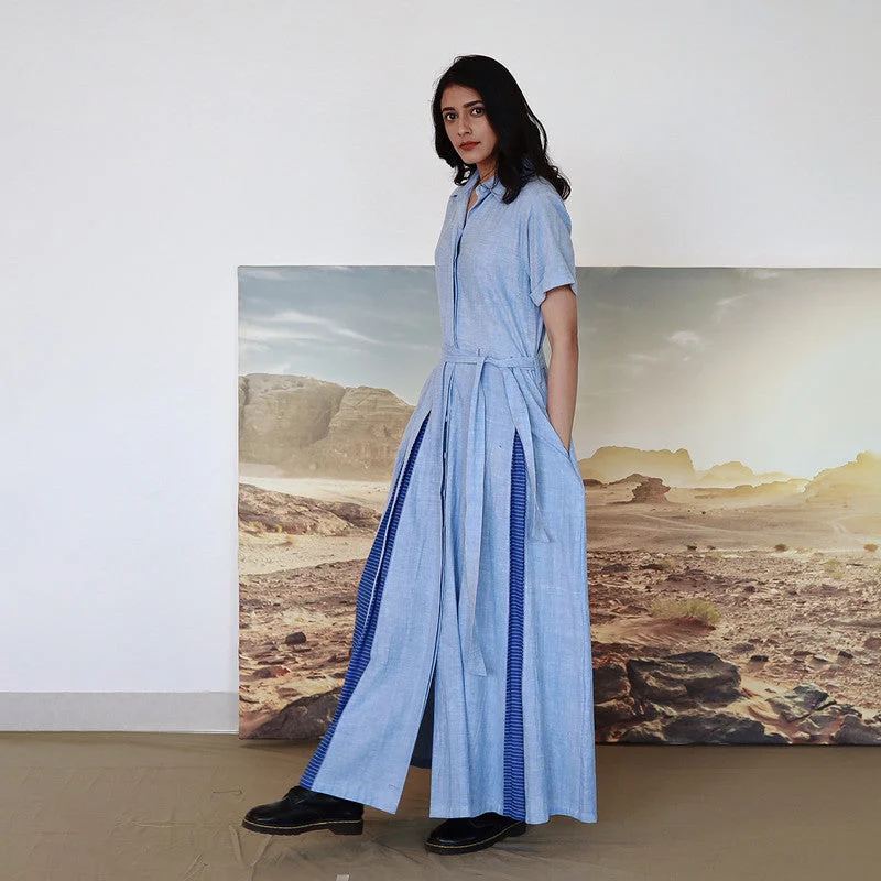 Pure Cotton Maxi Dress | Shirt Dress | Flared Hem-Line | Blue