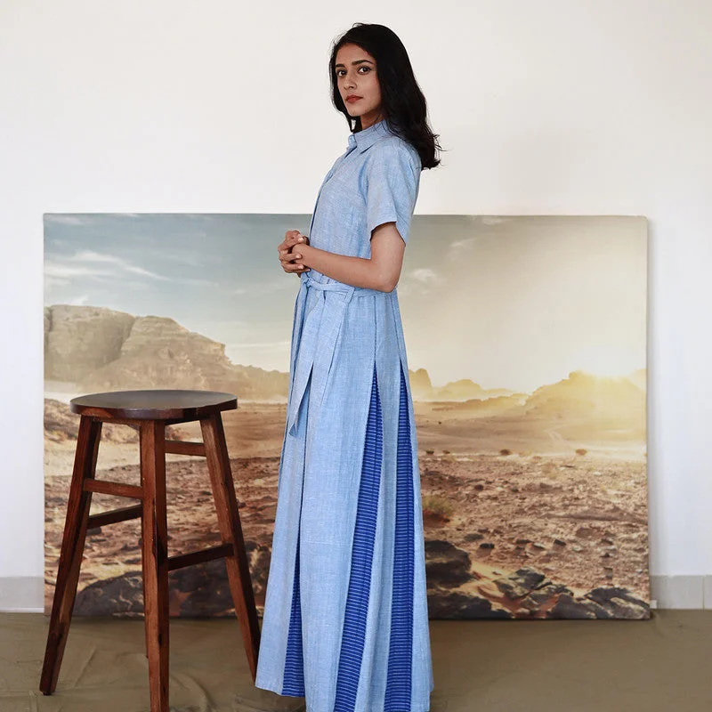 Pure Cotton Maxi Dress | Shirt Dress | Flared Hem-Line | Blue