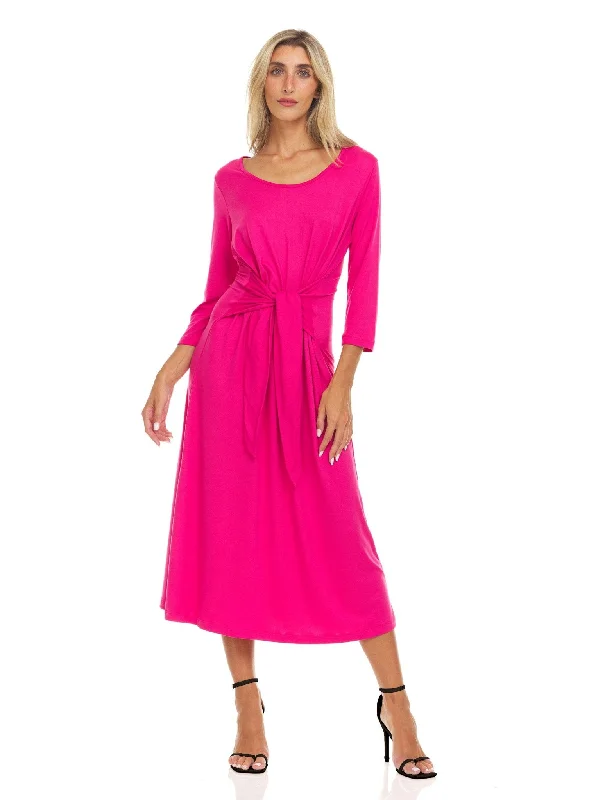 Three quarter sleeve crew neck printed A line midi dress with selt tie belt