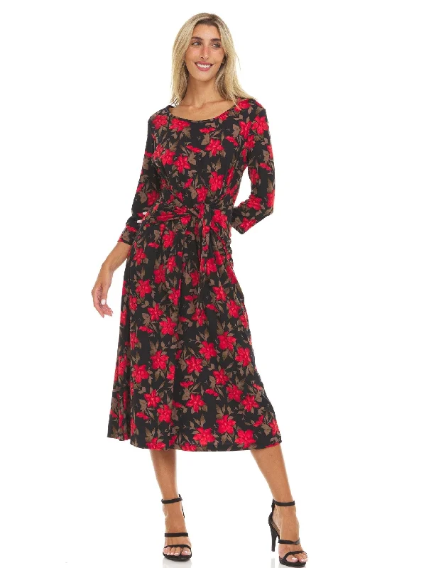 Three quarter sleeve crew printed A line midi dress with selt tie belt