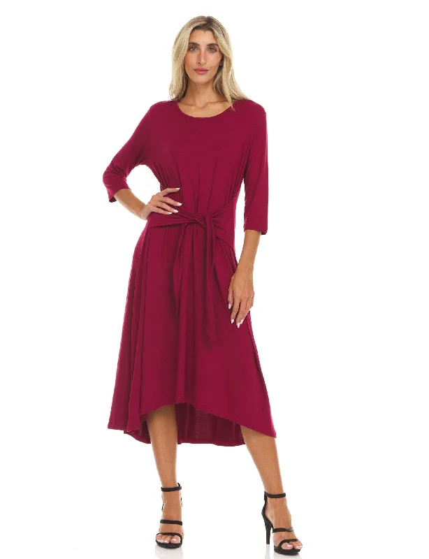 Three Quarter Sleeves Solid Colors Scoop Neck Midi Dress With Self Tie Belt