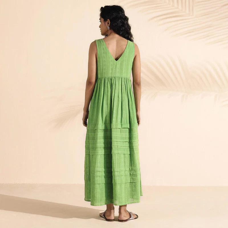 Cotton Dobby Maxi Dress for Women | Green | Sleeveless