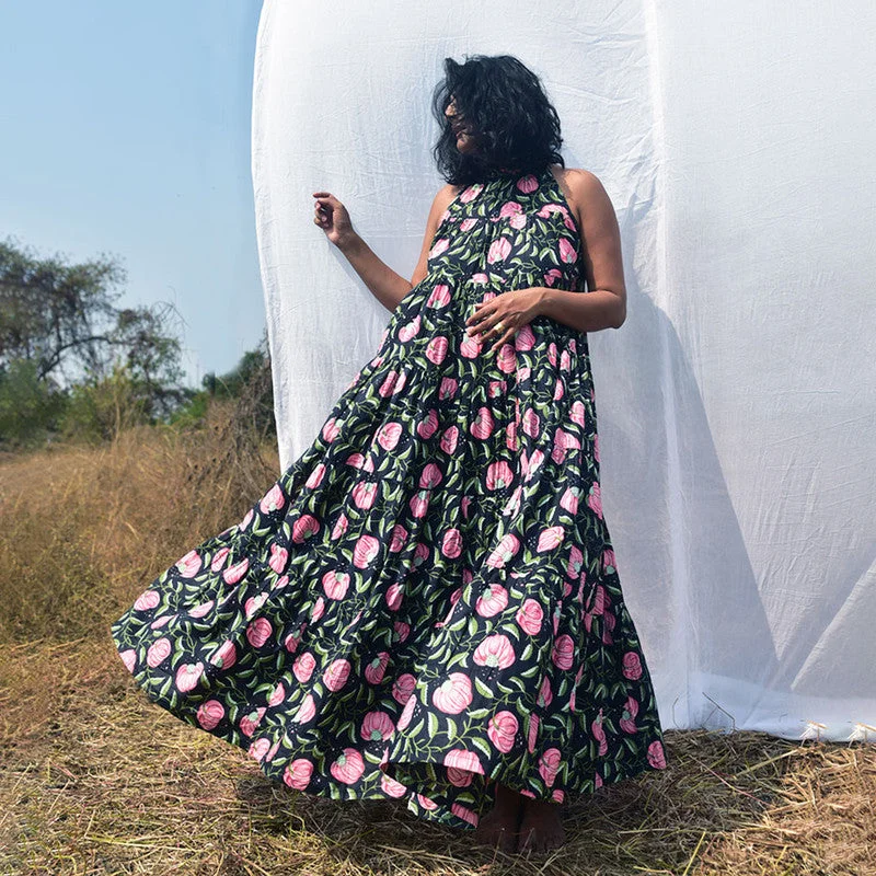 Cotton Maxi Dress | Handblock Printed | Black