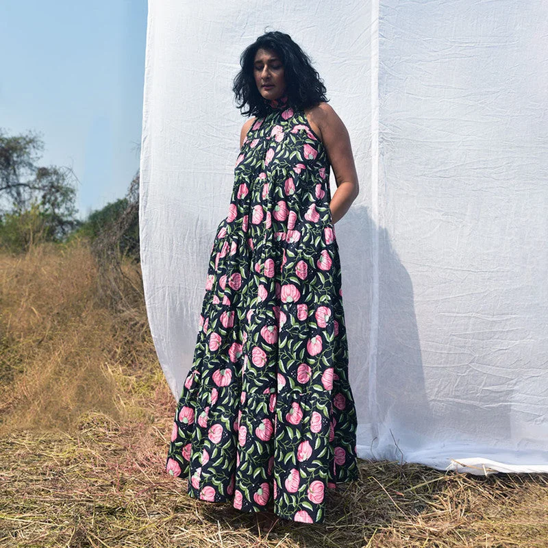 Cotton Maxi Dress | Handblock Printed | Black