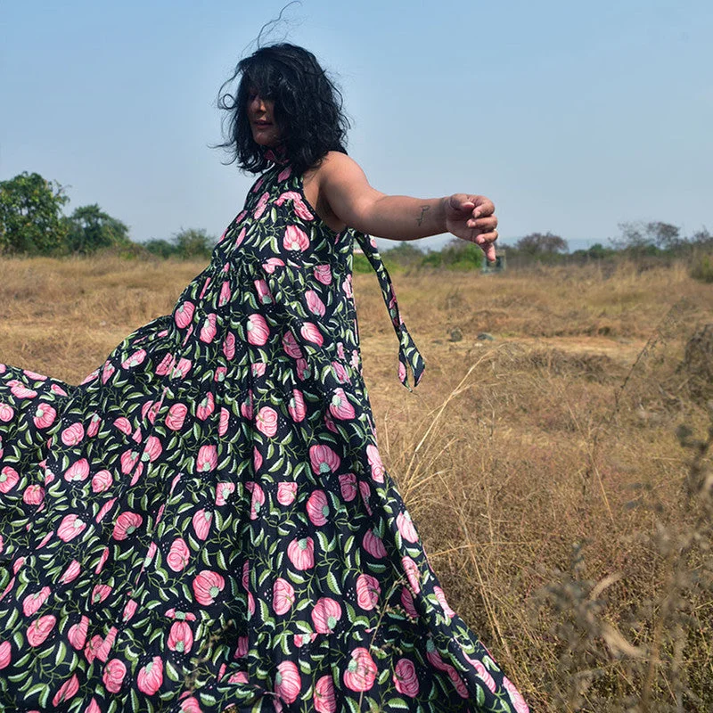 Cotton Maxi Dress | Handblock Printed | Black