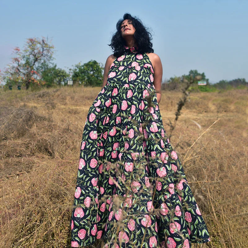 Cotton Maxi Dress | Handblock Printed | Black