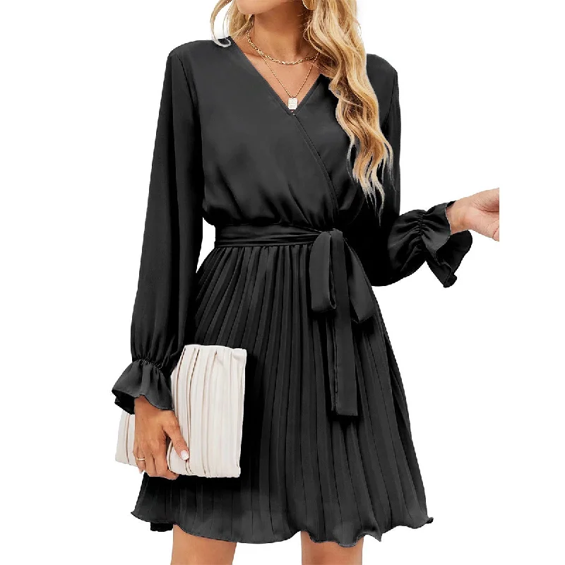 Women's Wrap V-neck Pleated Long Sleeve Mini Dresses