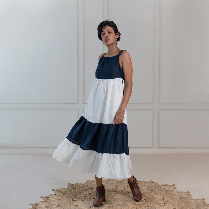 Linen Maxi Dress | Color Block | Blue & White