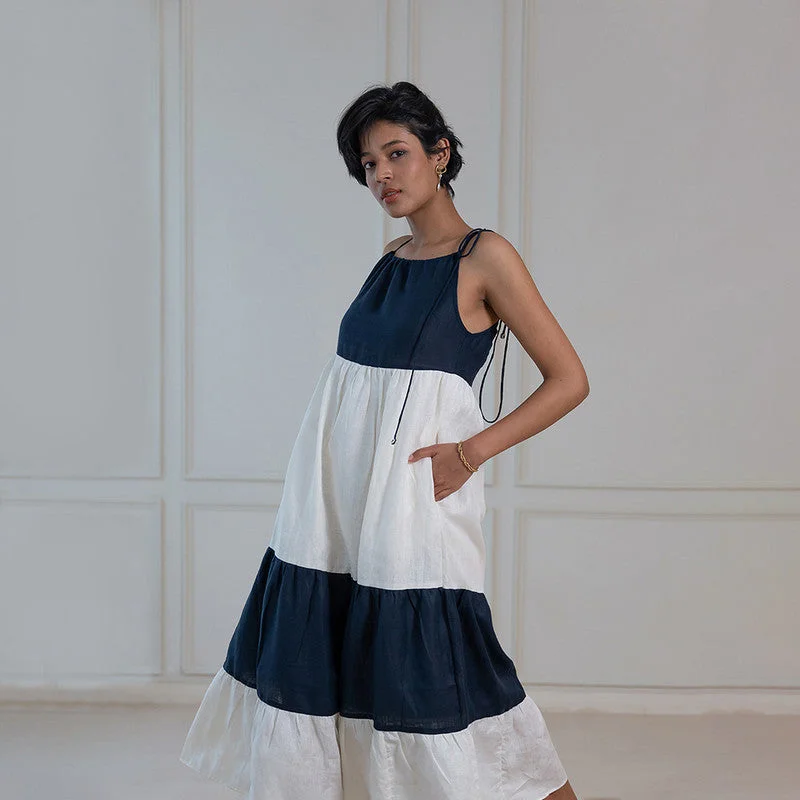 Linen Maxi Dress | Color Block | Blue & White