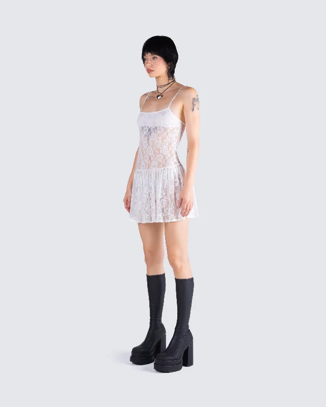 Zera White Lace Pleated Mini Dress