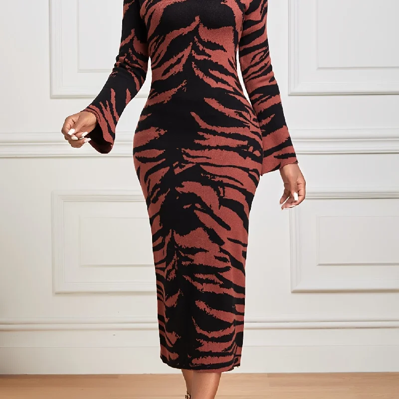 Sixsr Allover Print Crew Neck Bodycon Dress, Elegant Long Sleeve Midi Dress, Women's Clothing