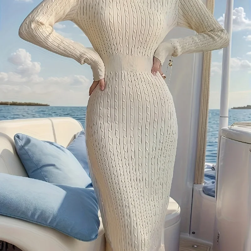 Sixsr Keyhole Sweater Dress, Elegant Long Sleeve Split Bodycon Dress, Women's Clothing