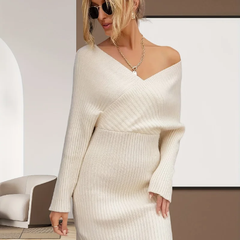 Sixsr Rib Knit Sweater Dress, Sexy V Neck Long Sleeve Bodycon Dress, Women's Clothing