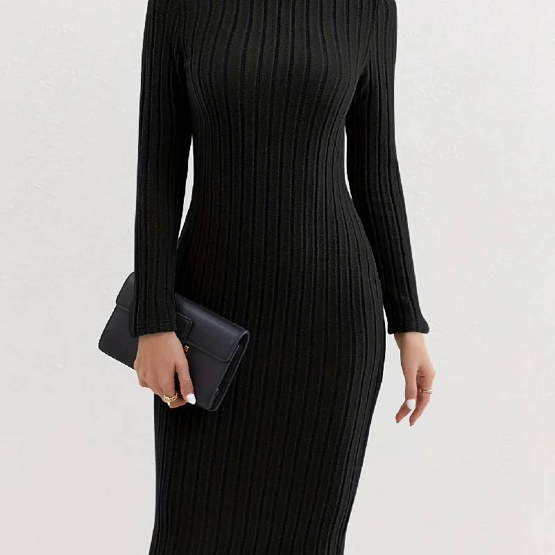 Sixsr Ribbed High Neck Dress, Elegant Solid Long Sleeve Bodycon Dress, Women's Clothing