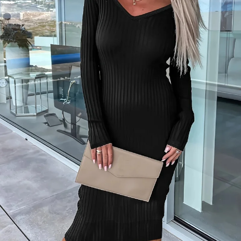 Sixsr Ribbed Solid Bodycon Dress, Elegant V Neck Long Sleeve Dress, Women's Clothing