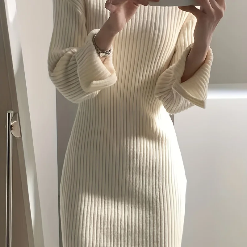 Sixsr Solid Boat Neck Sweater Dress, Elegant Long Sleeve Bodycon Knitted Dress, Women's Clothing