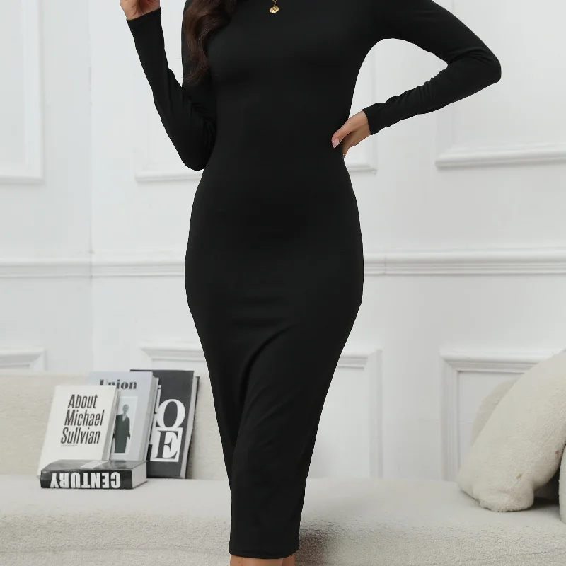 Sixsr Solid Bodycon Midi Dress, Casual Mock Neck Long Sleeve Dress, Women's Clothing