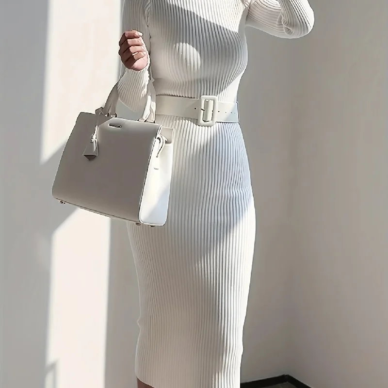 Sixsr Solid Turtle Neck Sweater Dress, Casual Long Sleeve Bodycon Midi Dress, Women's Clothing