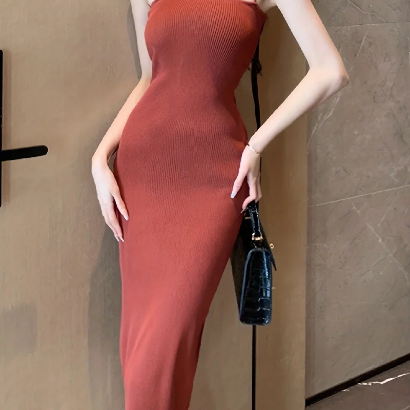 Sixsr Spaghetti Solid Dress, Elegant Sleeveless Bodycon Summer Bag Hip Dress, Women's Clothing