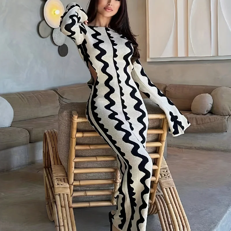 Sixsr Striped Bodycon Sweater Flare Long Sleeve Dress, Cut Out Long Sleeve Casual Dress, Women's Clothing