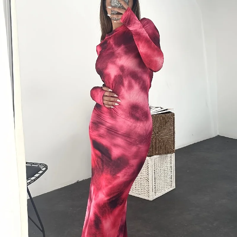 Sixsr Tie Dye Long Sleeve Bodycon Dress, Y2K Crew Neck Maxi Dress, Women's Clothing