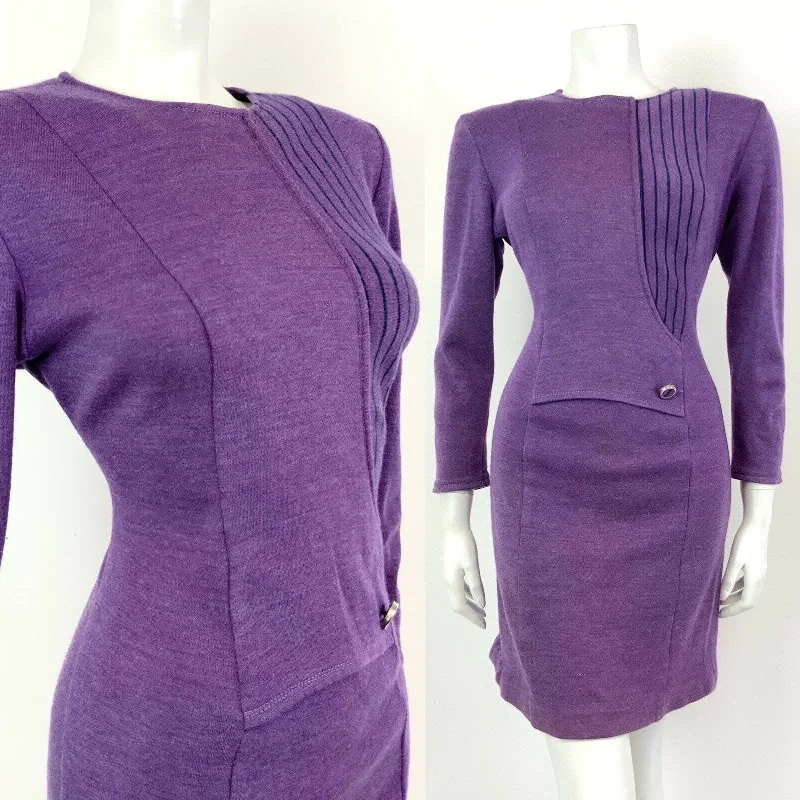 VINTAGE 60s 70s PURPLE BLUE STRIPED WRAP LONG-SLEEVE BODYCON MOD DRESS 12 14