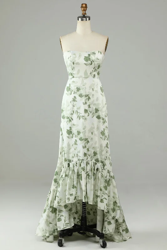 Asymmetrical Strapless Printed Green Long Bridesmaid Dress