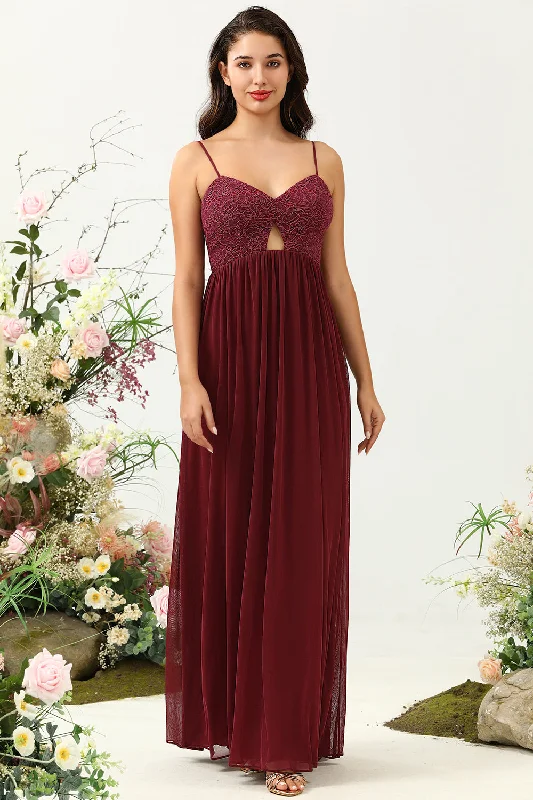 Burgundy Spaghetti Straps Lace Bridesmaid Dress with Hollow-out