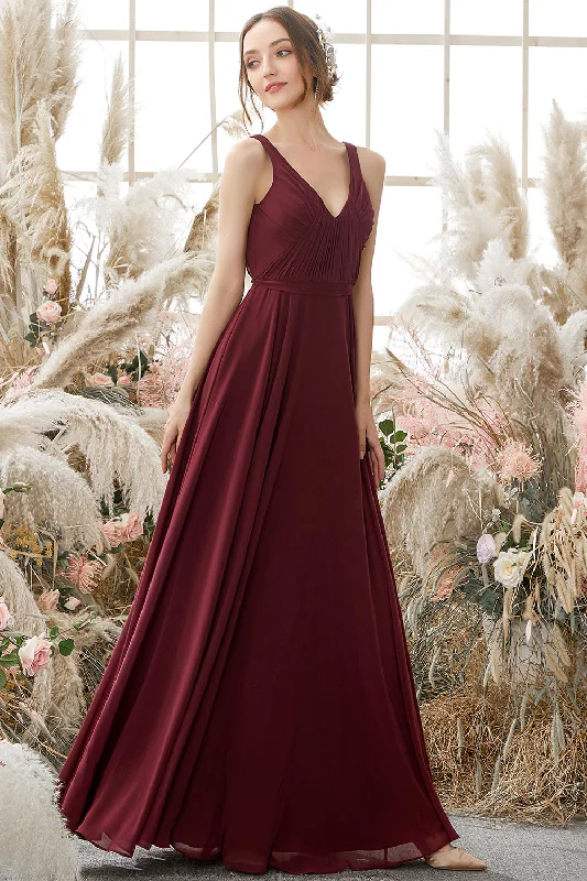 Burgundy V Neck Chiffon Bridesmaid Dress