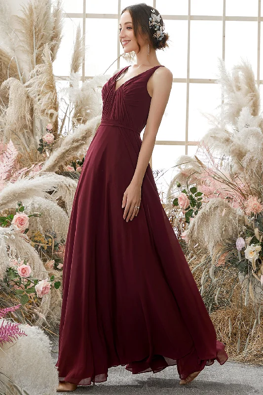 Burgundy V Neck Chiffon Bridesmaid Dress