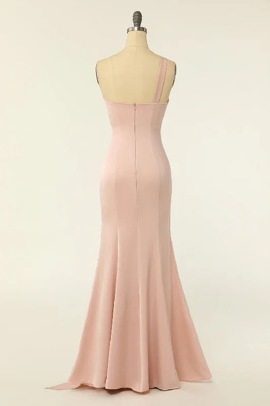 Mermaid One Shoulder Blush Long Bridesmaid Dress with Ruffles