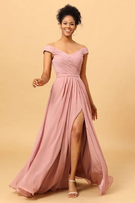 Ruffles Chiffon Pink Bridesmaid Dress with Slit