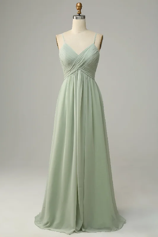 Spaghetti Straps Sleeveless Dusty Sage Bridesmaid Dress