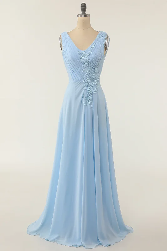 V-neck Blue Bridesmaid Dress with Ruffle