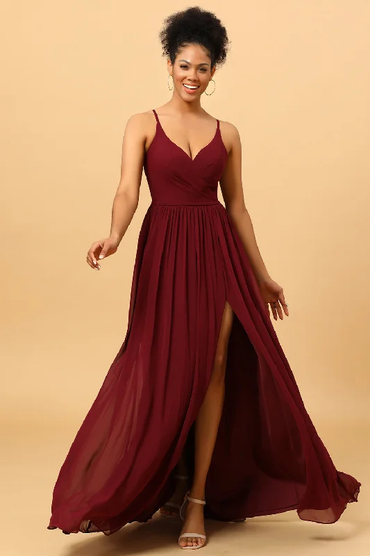 A-Line Chiffon Burgundy Bridesmaid Dress with Slit