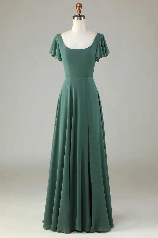 A-Line Eucalyptus Long Bridesmaid Dress with Ruffles