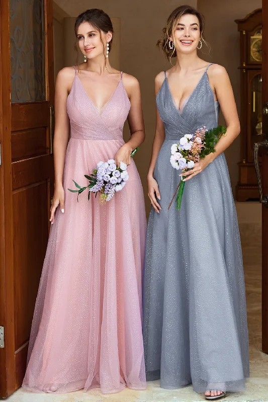 A Line Spaghetti Straps Grey Pink Bridesmaid Dress