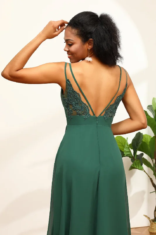 Dark Green Spaghetti Straps Bridesmaid Dress With Lace