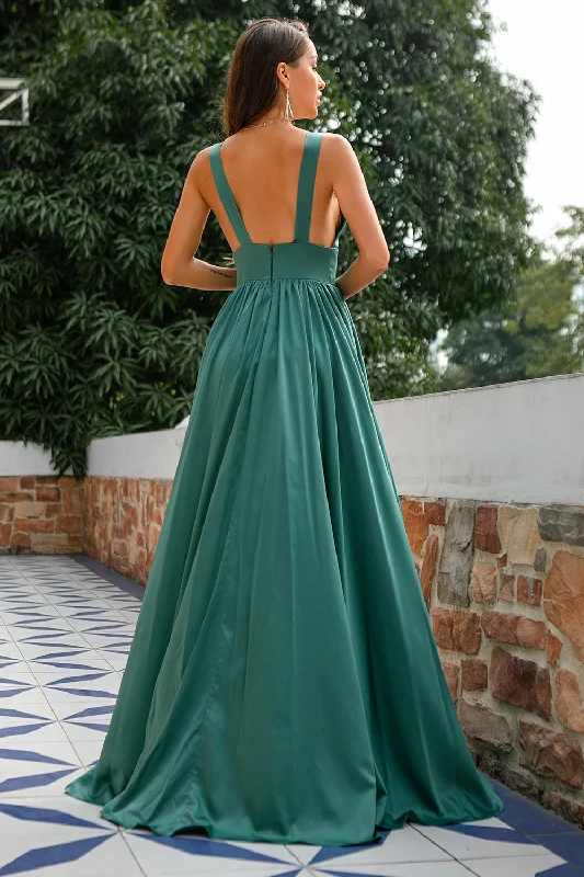 Green Deep V Neck Long Bridesmaid Dress