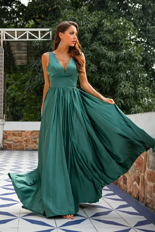 Green Deep V Neck Long Bridesmaid Dress